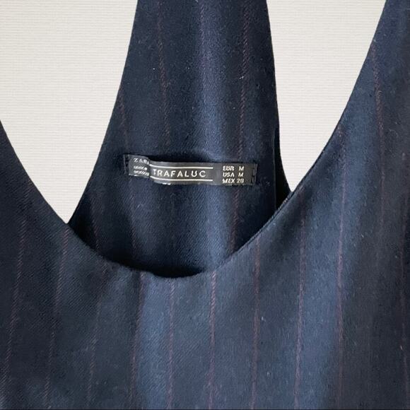 Zara Pinafore Midi Dress Womens Navy/Red Medium Pinstripe Overalls Casual Basic - Picture 3 of 8